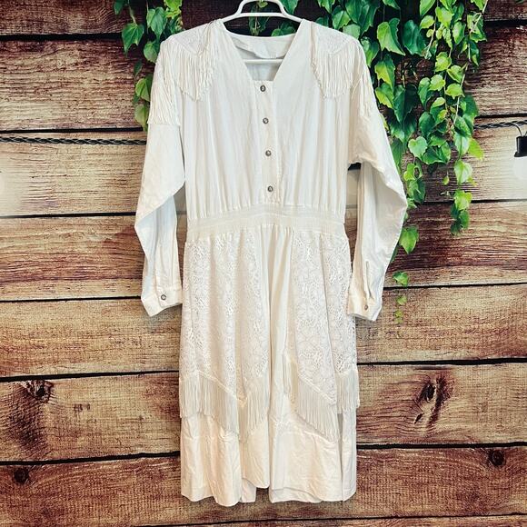 Vintage Sas'sa White Western Dress Large Midi Cowgirl Fringe Lace Conchos - Picture 1 of 4